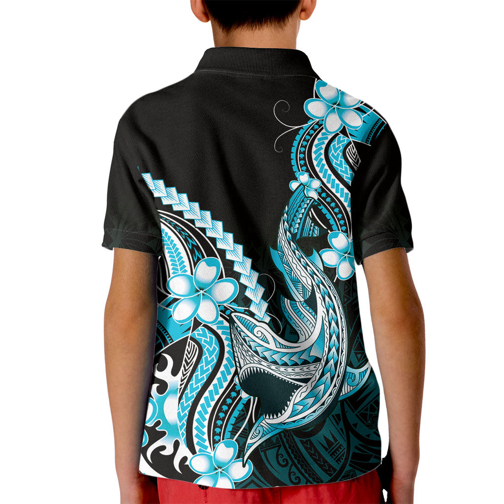 Blue Black Aloha Hawaii Kid Polo Shirt Polynesian Shark Tattoo Plumeria