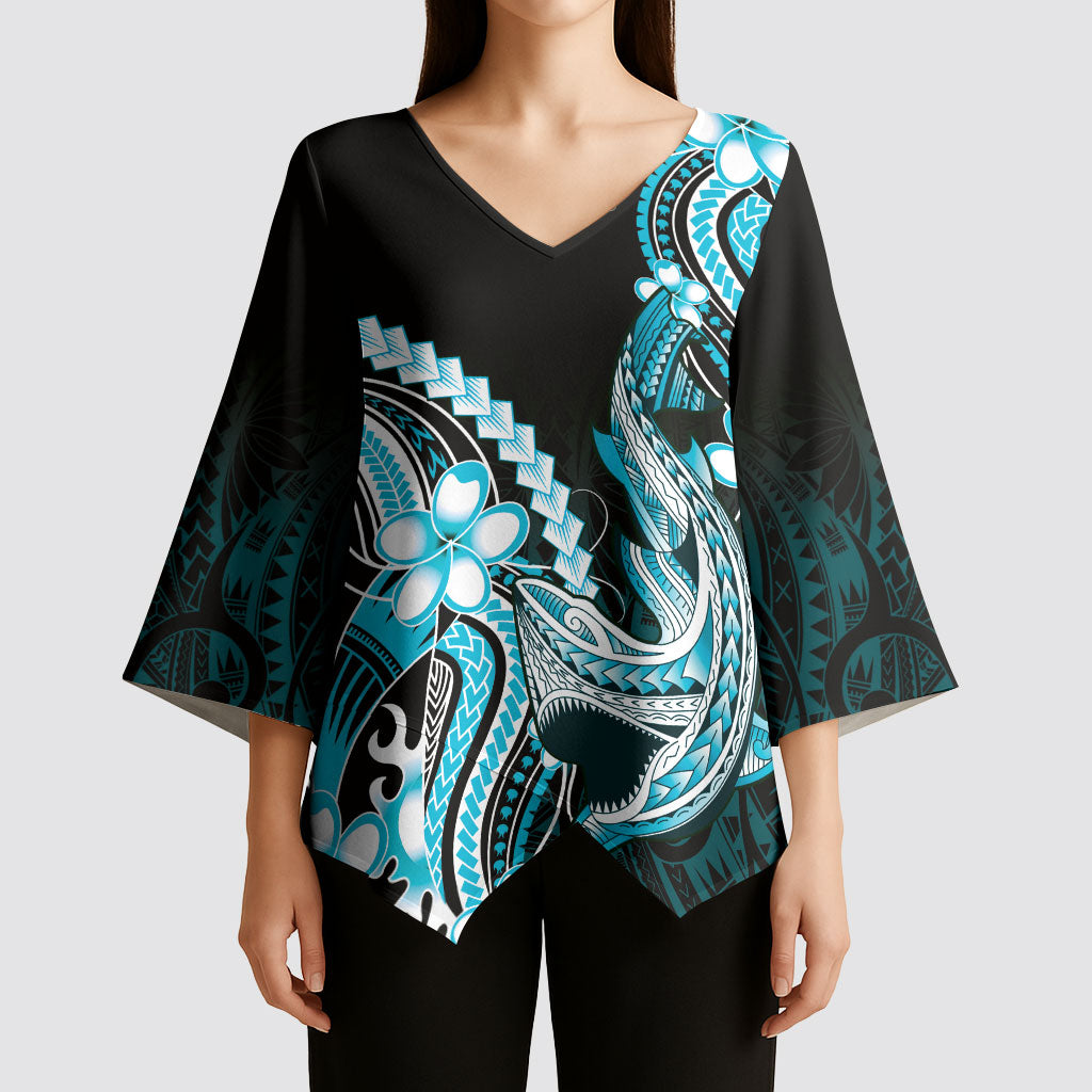 Blue Black Aloha Hawaii Kimono Sleeve Blouse Polynesian Shark Tattoo Plumeria