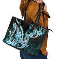 Blue Black Aloha Hawaii Leather Tote Bag Polynesian Shark Tattoo Plumeria
