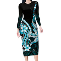 Blue Black Aloha Hawaii Long Sleeve Bodycon Dress Polynesian Shark Tattoo Plumeria