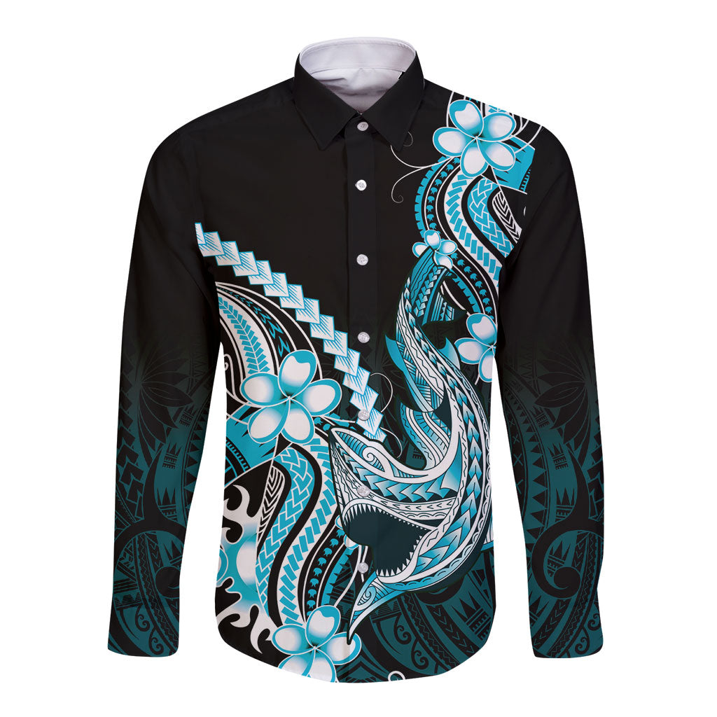 Blue Black Aloha Hawaii Long Sleeve Button Shirt Polynesian Shark Tattoo Plumeria LT14 Unisex Blue - Polynesian Pride