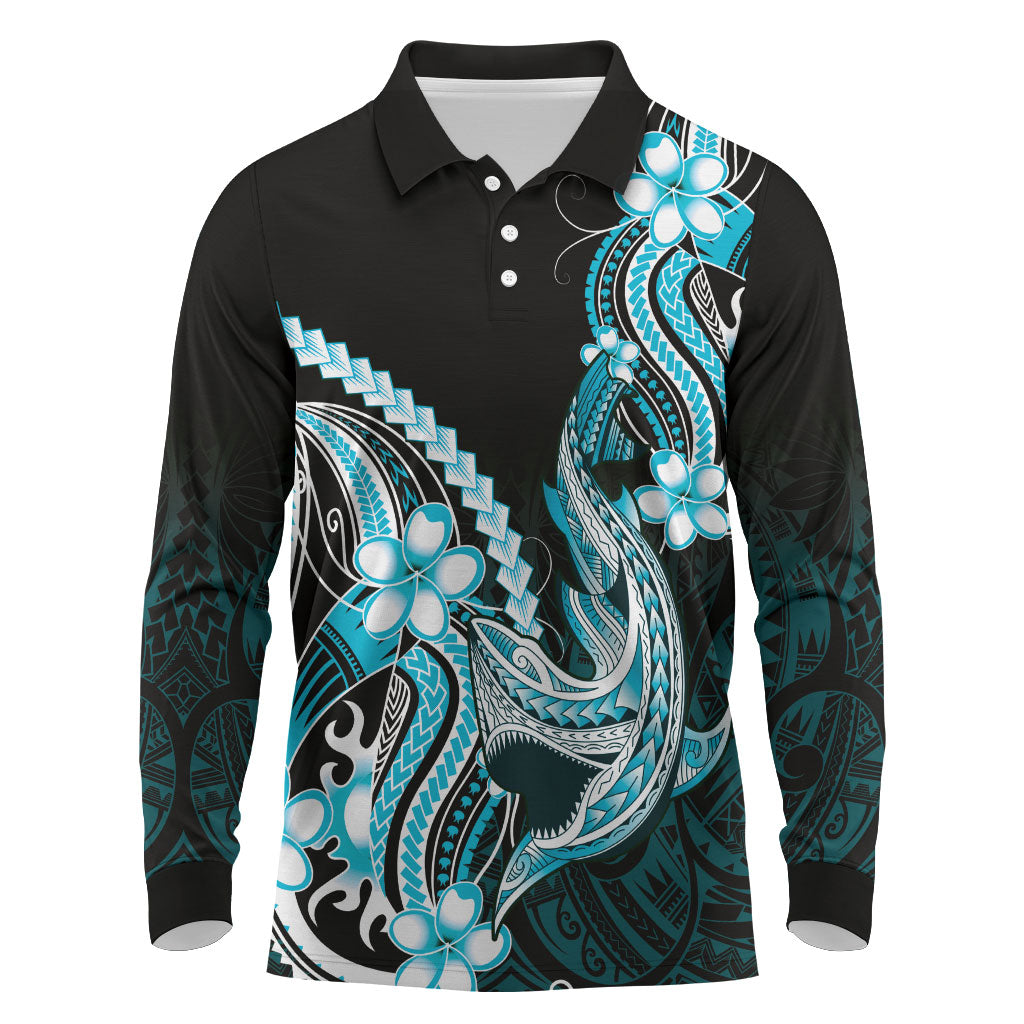 Blue Black Aloha Hawaii Long Sleeve Polo Shirt Polynesian Shark Tattoo Plumeria