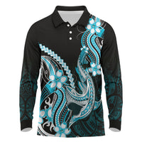 Blue Black Aloha Hawaii Long Sleeve Polo Shirt Polynesian Shark Tattoo Plumeria