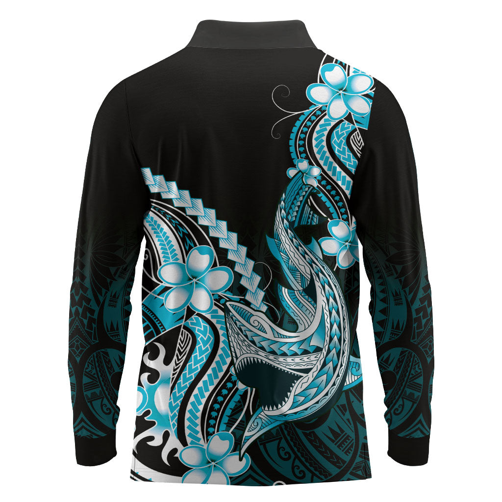 Blue Black Aloha Hawaii Long Sleeve Polo Shirt Polynesian Shark Tattoo Plumeria