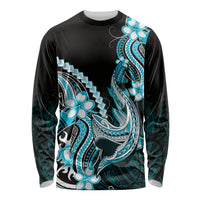 Blue Black Aloha Hawaii Long Sleeve Shirt Polynesian Shark Tattoo Plumeria
