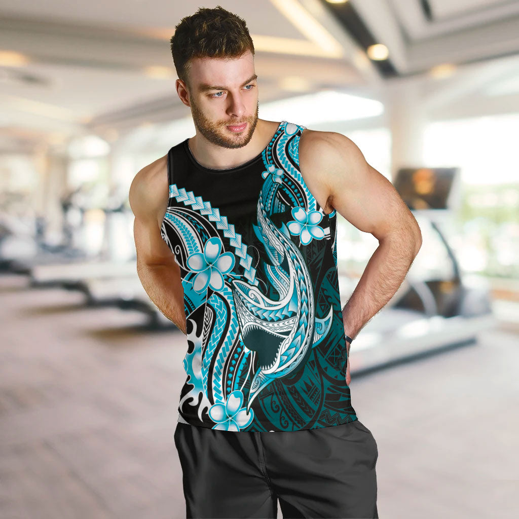 Blue Black Aloha Hawaii Men Tank Top Polynesian Shark Tattoo Plumeria LT14 Blue - Polynesian Pride