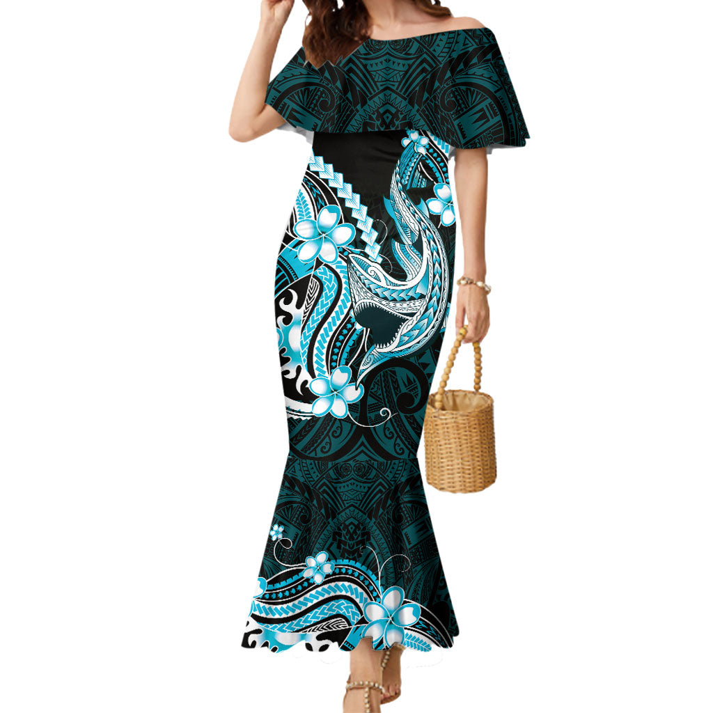 Blue Black Aloha Hawaii Mermaid Dress Polynesian Shark Tattoo Plumeria LT14 Women Blue - Polynesian Pride