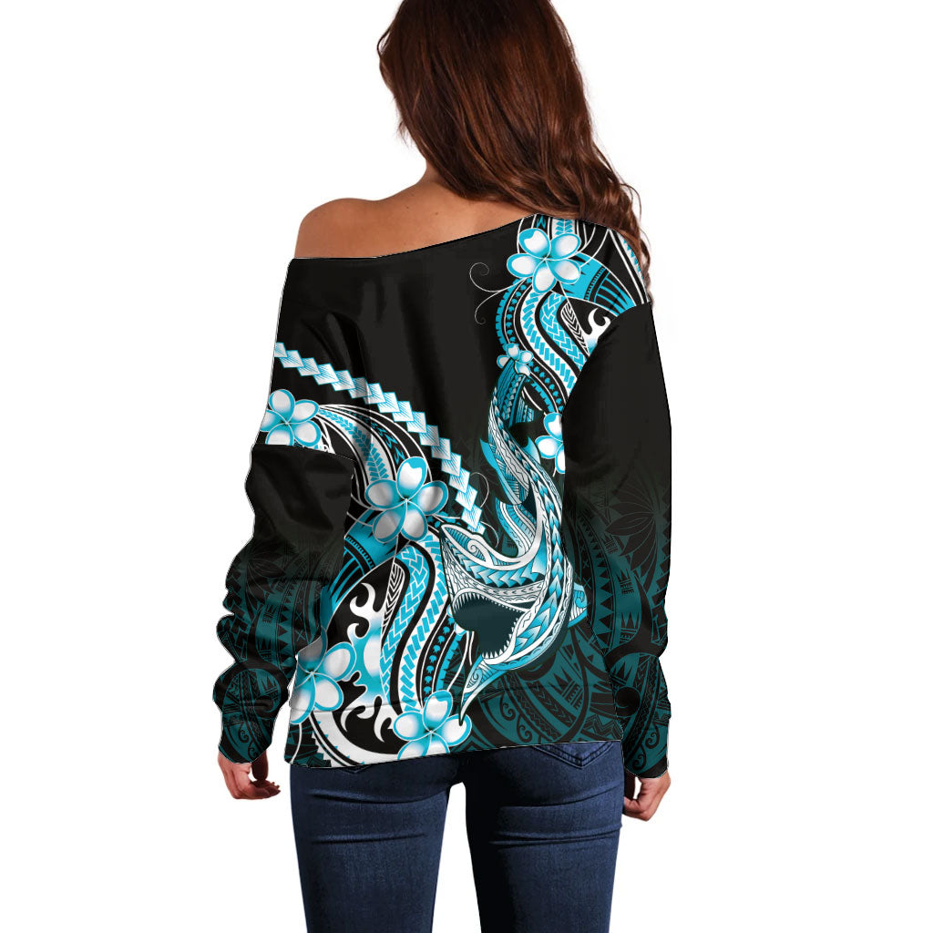 Blue Black Aloha Hawaii Off Shoulder Sweater Polynesian Shark Tattoo Plumeria