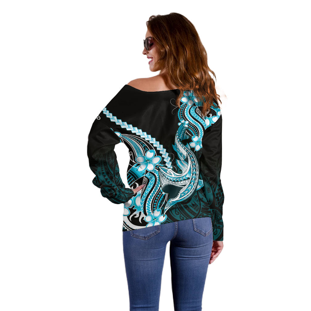 Blue Black Aloha Hawaii Off Shoulder Sweater Polynesian Shark Tattoo Plumeria