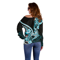 Blue Black Aloha Hawaii Off Shoulder Sweater Polynesian Shark Tattoo Plumeria