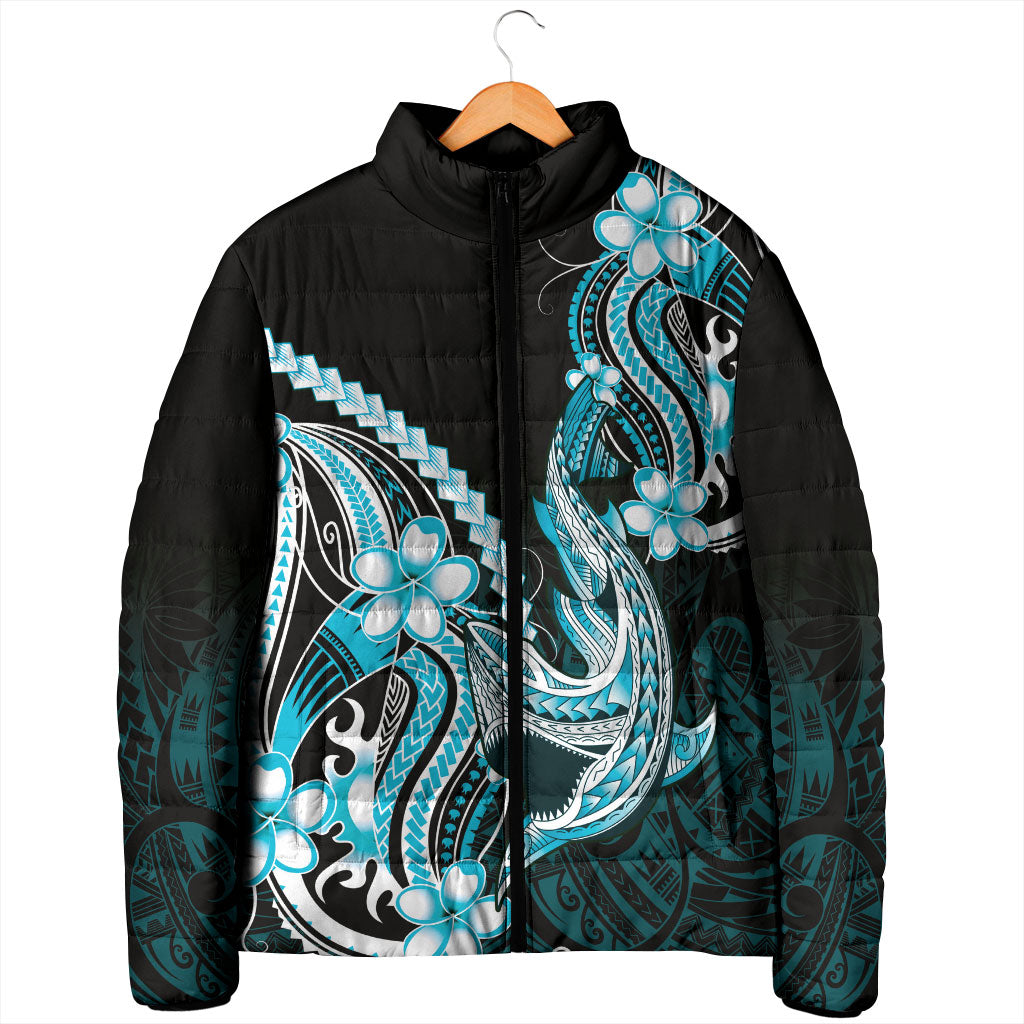 Blue Black Aloha Hawaii Padded Jacket Polynesian Shark Tattoo Plumeria