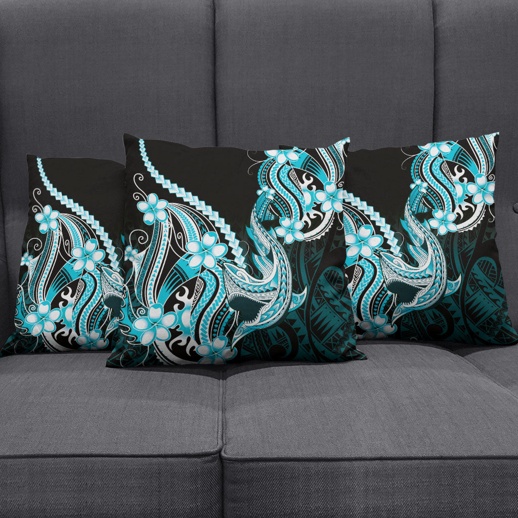 Blue Black Aloha Hawaii Pillow Cover Polynesian Shark Tattoo Plumeria