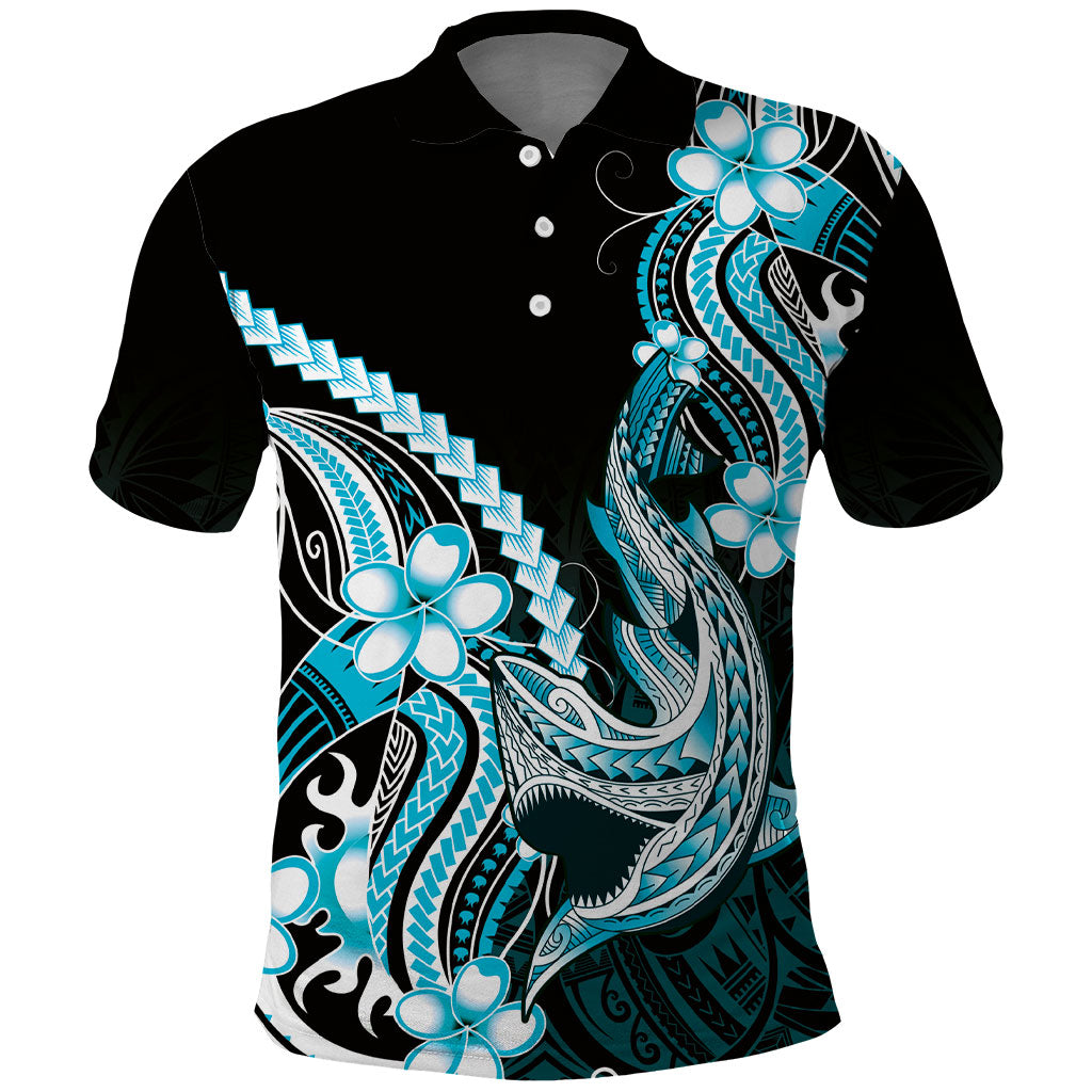 Blue Black Aloha Hawaii Polo Shirt Polynesian Shark Tattoo Plumeria