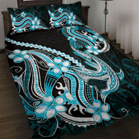 Blue Black Aloha Hawaii Quilt Bed Set Polynesian Shark Tattoo Plumeria
