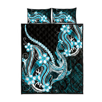 Blue Black Aloha Hawaii Quilt Bed Set Polynesian Shark Tattoo Plumeria