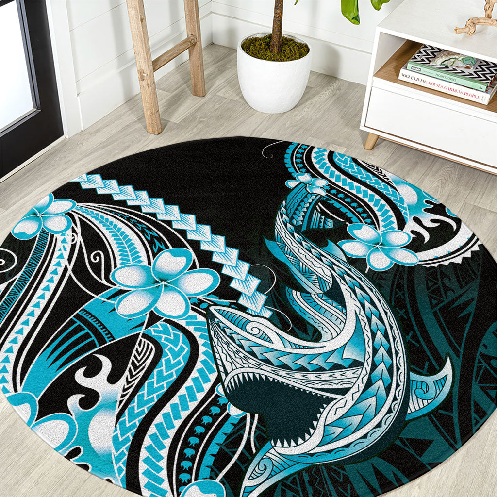 Blue Black Aloha Hawaii Round Carpet Polynesian Shark Tattoo Plumeria