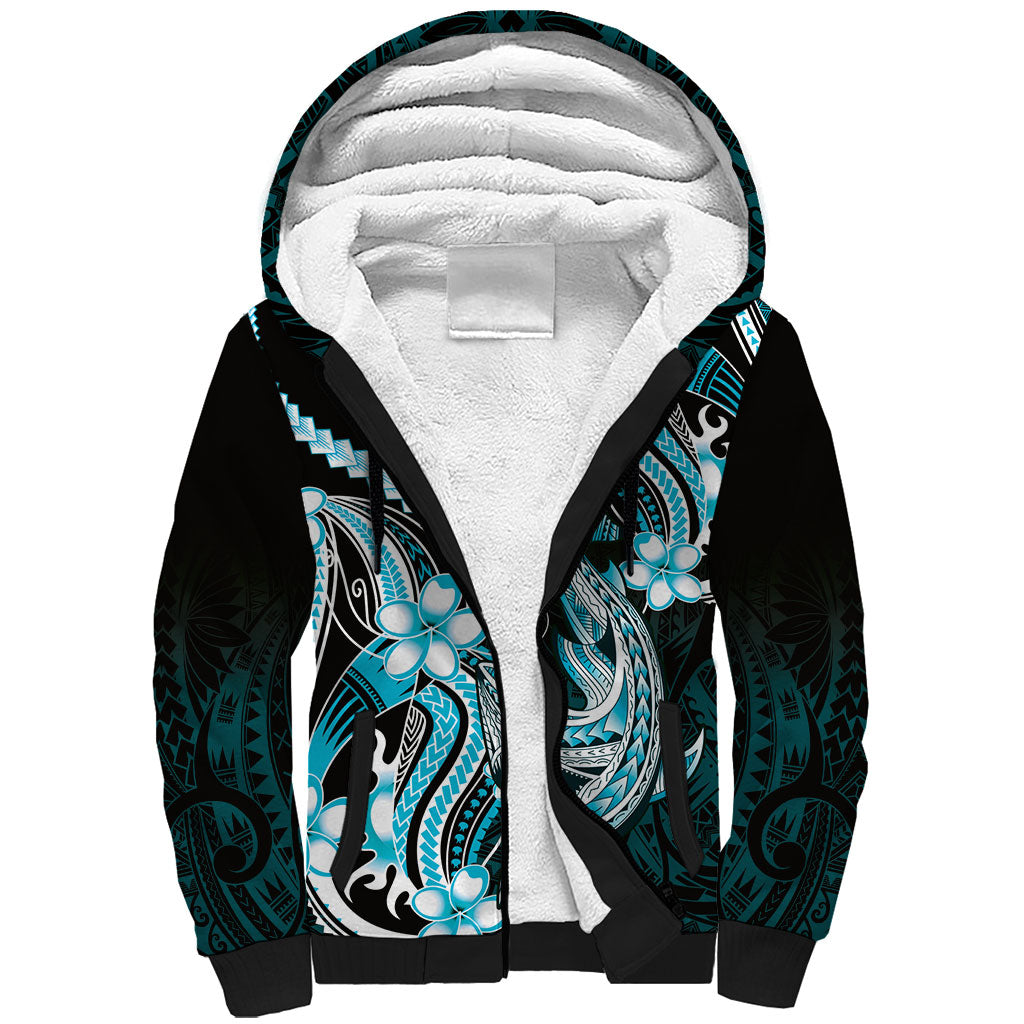 Blue Black Aloha Hawaii Sherpa Hoodie Polynesian Shark Tattoo Plumeria LT14 Unisex Blue - Polynesian Pride