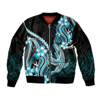 Blue Black Aloha Hawaii Sleeve Zip Bomber Jacket Polynesian Shark Tattoo Plumeria