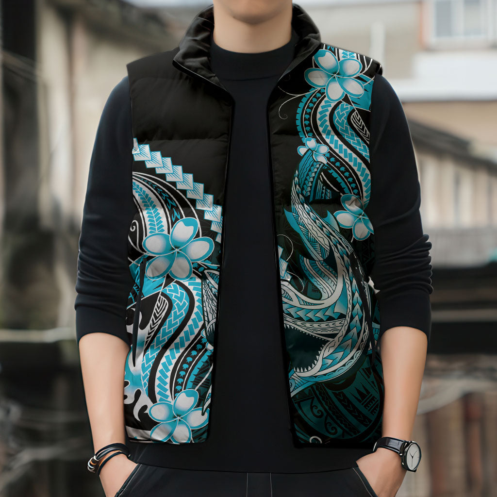 Blue Black Aloha Hawaii Sleeveless Puffer Jacket Polynesian Shark Tattoo Plumeria