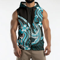 Blue Black Aloha Hawaii Sleeveless Zip Hoodie Polynesian Shark Tattoo Plumeria