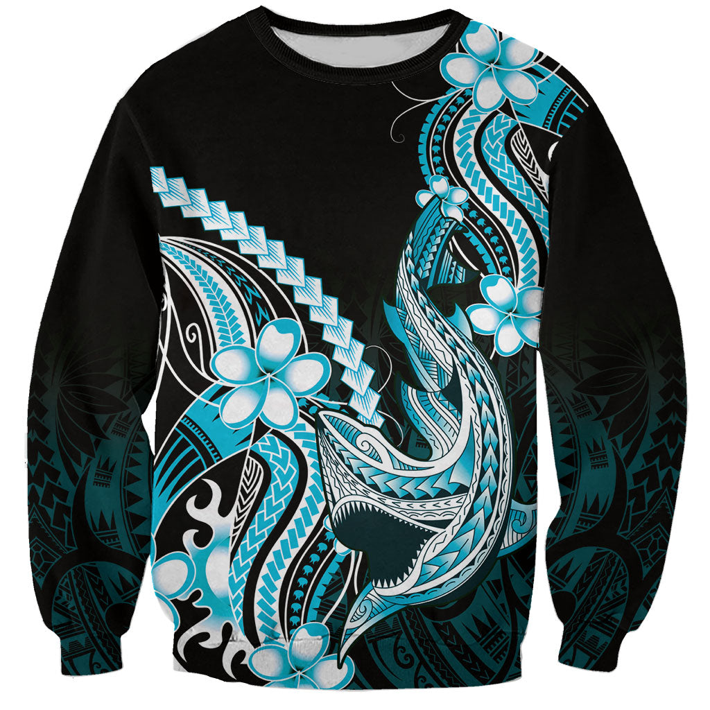 Blue Black Aloha Hawaii Sweatshirt Polynesian Shark Tattoo Plumeria