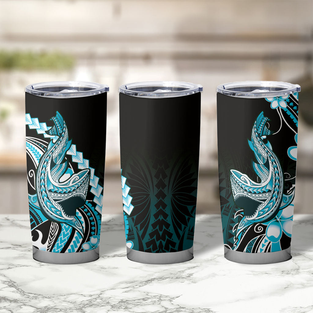 Blue Black Aloha Hawaii Tumbler Cup Polynesian Shark Tattoo Plumeria