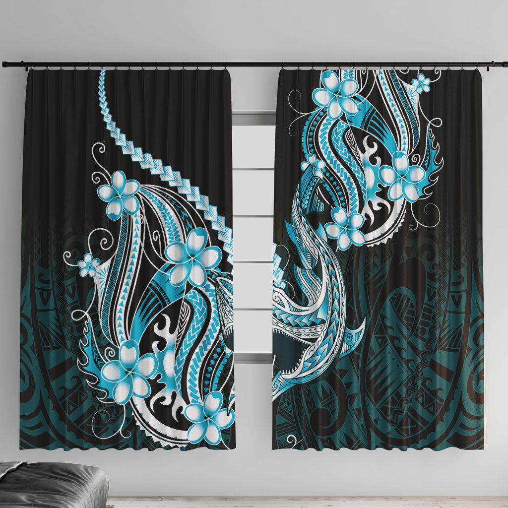 Blue Black Aloha Hawaii Window Curtain Polynesian Shark Tattoo Plumeria