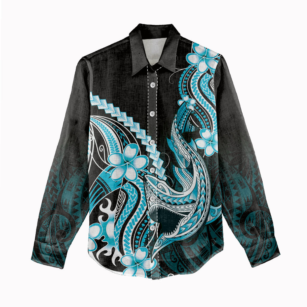 Blue Black Aloha Hawaii Women Casual Shirt Polynesian Shark Tattoo Plumeria
