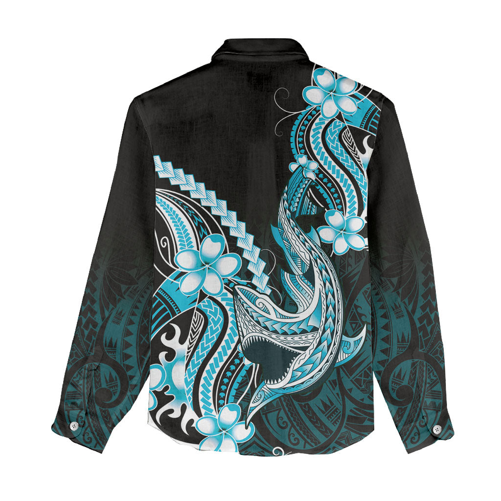 Blue Black Aloha Hawaii Women Casual Shirt Polynesian Shark Tattoo Plumeria