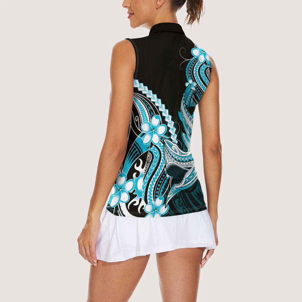 Blue Black Aloha Hawaii Women Sleeveless Polo Shirt Polynesian Shark Tattoo Plumeria