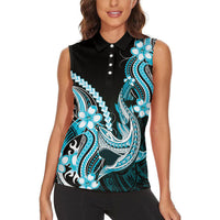 Blue Black Aloha Hawaii Women Sleeveless Polo Shirt Polynesian Shark Tattoo Plumeria
