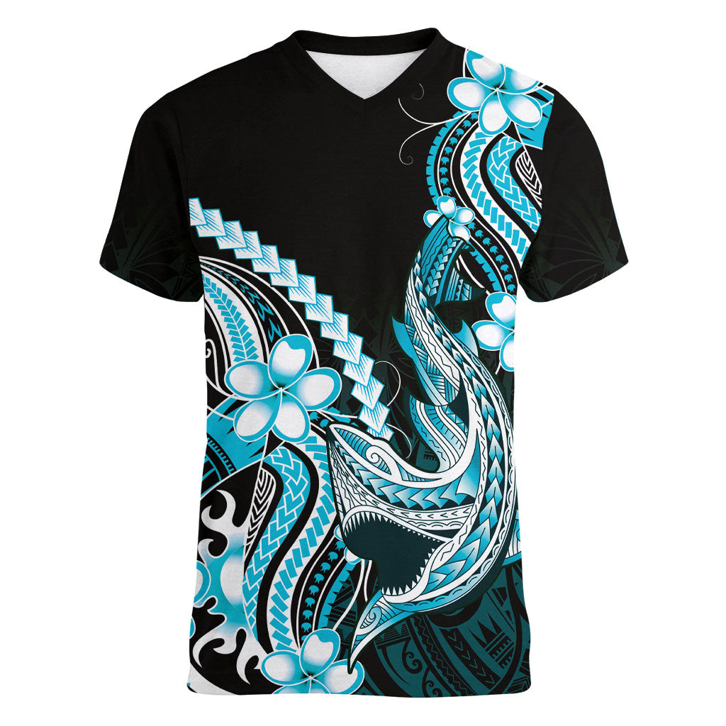 Blue Black Aloha Hawaii Women V-Neck T-Shirt Polynesian Shark Tattoo Plumeria LT14 Female Blue - Polynesian Pride