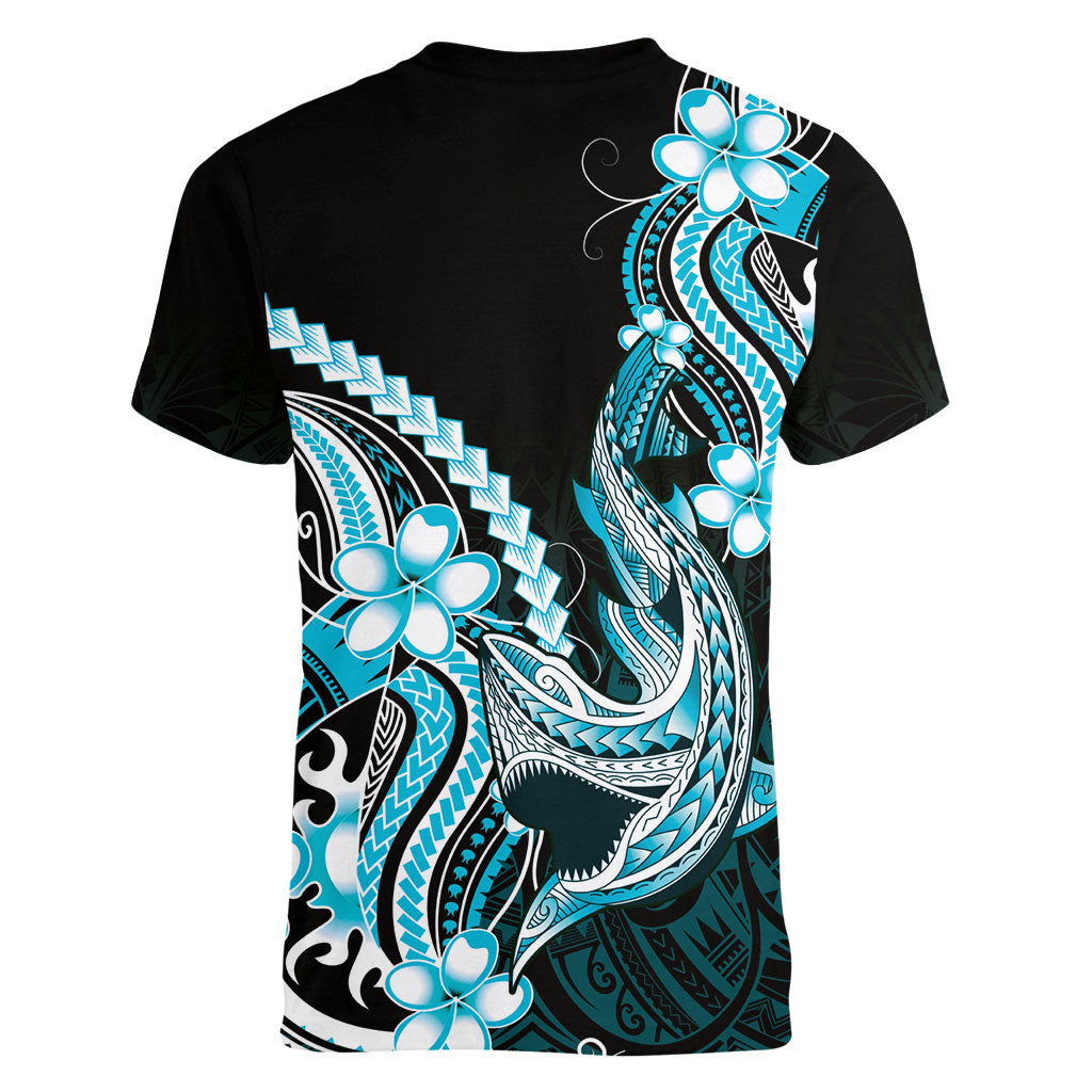 Blue Black Aloha Hawaii Women V-Neck T-Shirt Polynesian Shark Tattoo Plumeria
