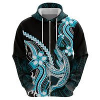 Blue Black Aloha Hawaii Zip Hoodie Polynesian Shark Tattoo Plumeria