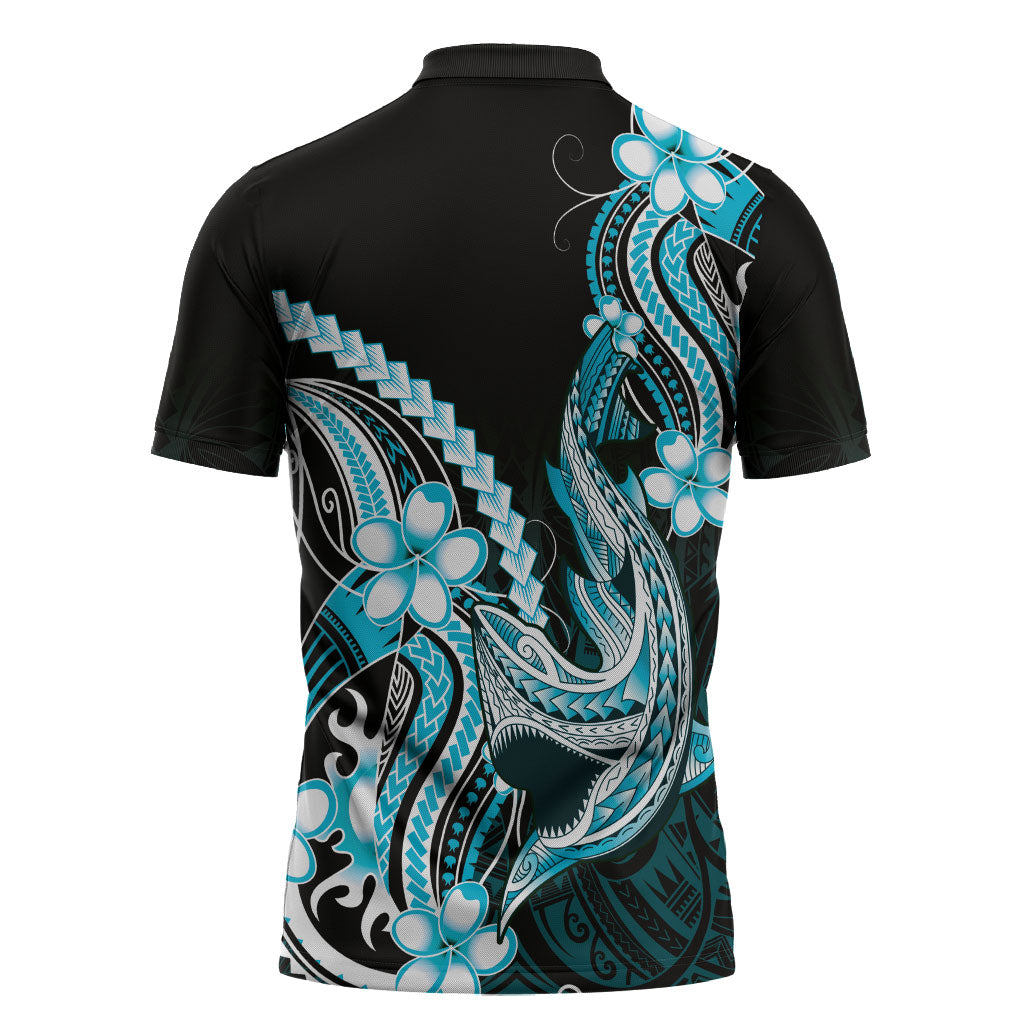 Blue Black Aloha Hawaii Zipper Polo Shirt Polynesian Shark Tattoo Plumeria