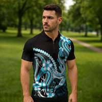 Blue Black Aloha Hawaii Zipper Polo Shirt Polynesian Shark Tattoo Plumeria