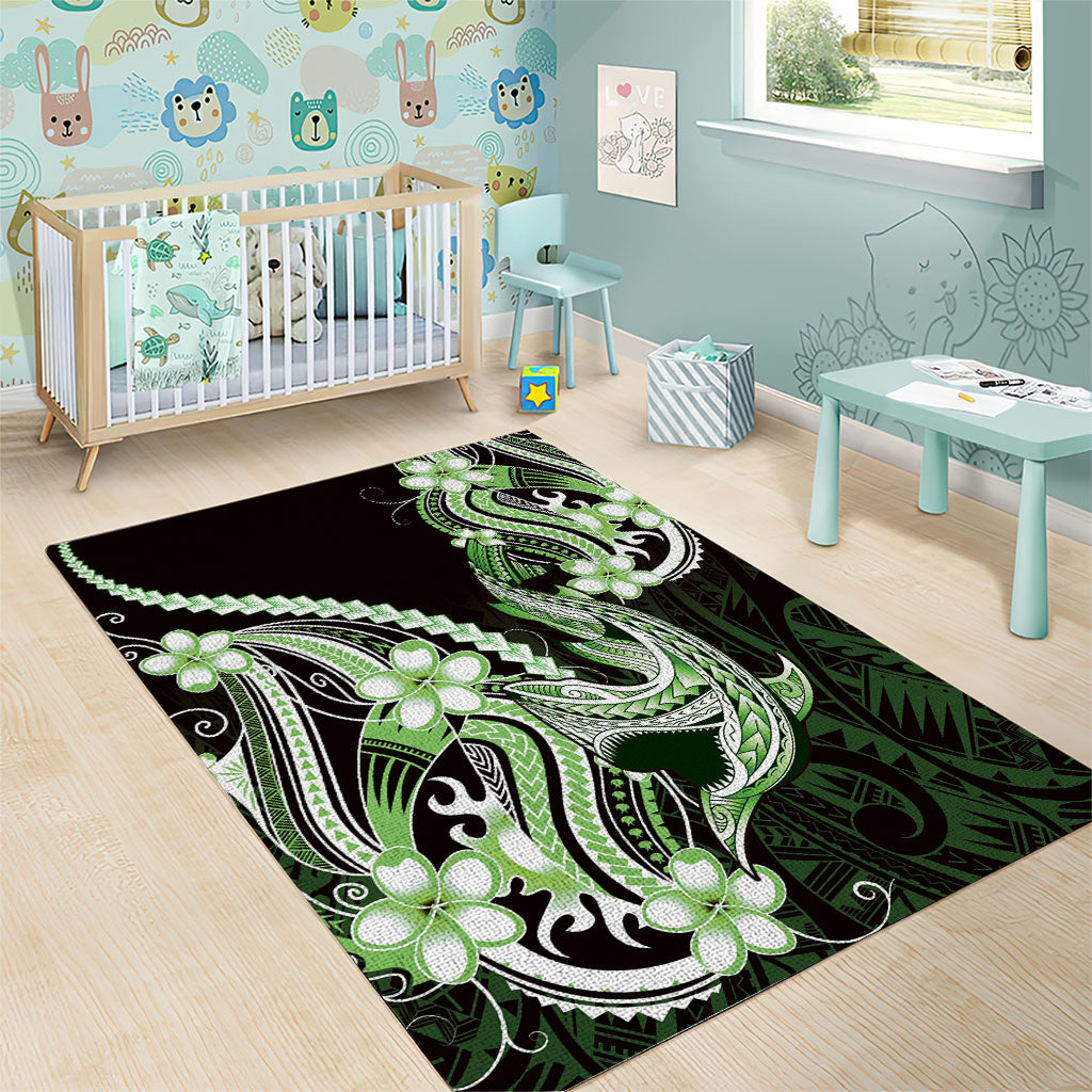 Green Black Aloha Hawaii Area Rug Polynesian Shark Tattoo Plumeria