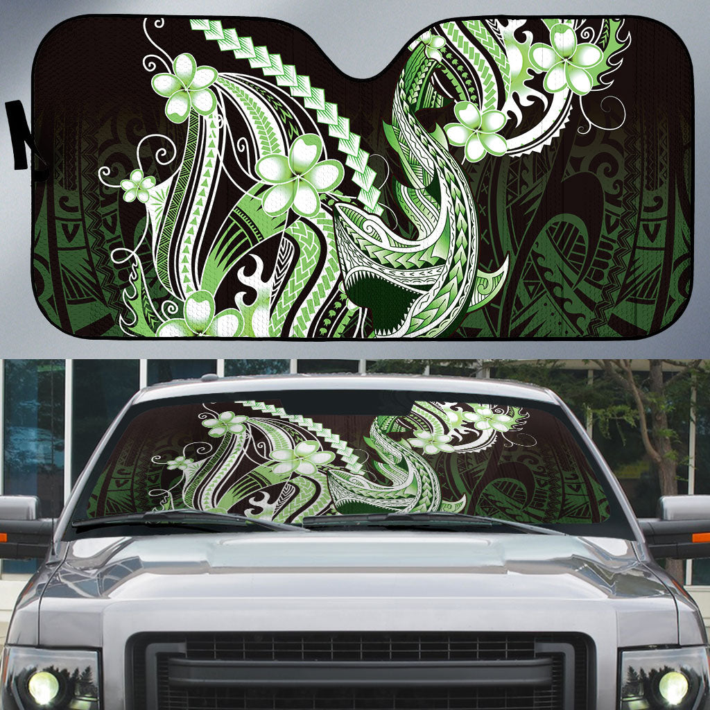 Green Black Aloha Hawaii Auto Sun Shade Polynesian Shark Tattoo Plumeria