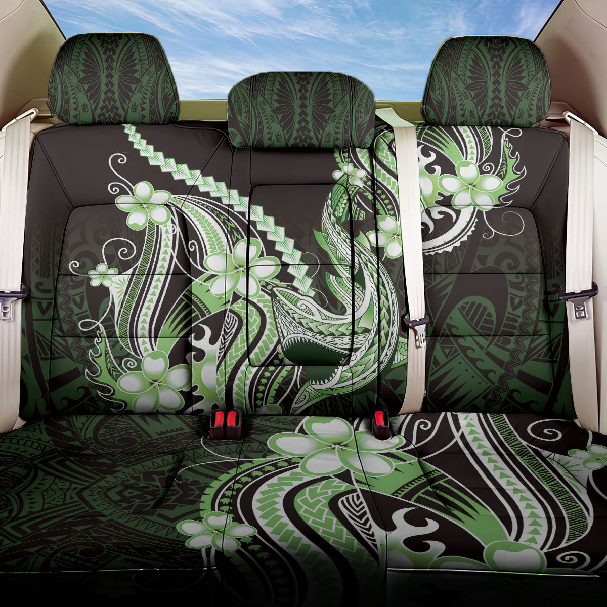 Green Black Aloha Hawaii Back Car Seat Cover Polynesian Shark Tattoo Plumeria LT14 One Size Green - Polynesian Pride
