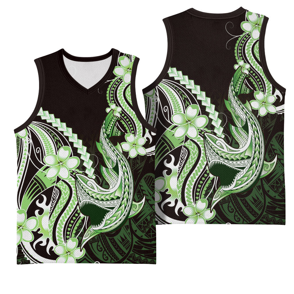 Green Black Aloha Hawaii Basketball Jersey Polynesian Shark Tattoo Plumeria