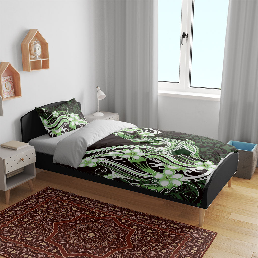 Green Black Aloha Hawaii Bedding Set Polynesian Shark Tattoo Plumeria