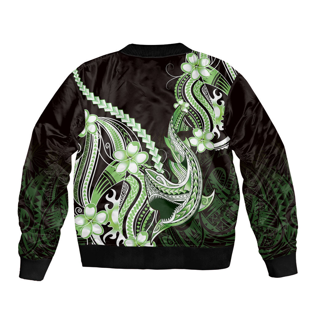 Green Black Aloha Hawaii Bomber Jacket Polynesian Shark Tattoo Plumeria