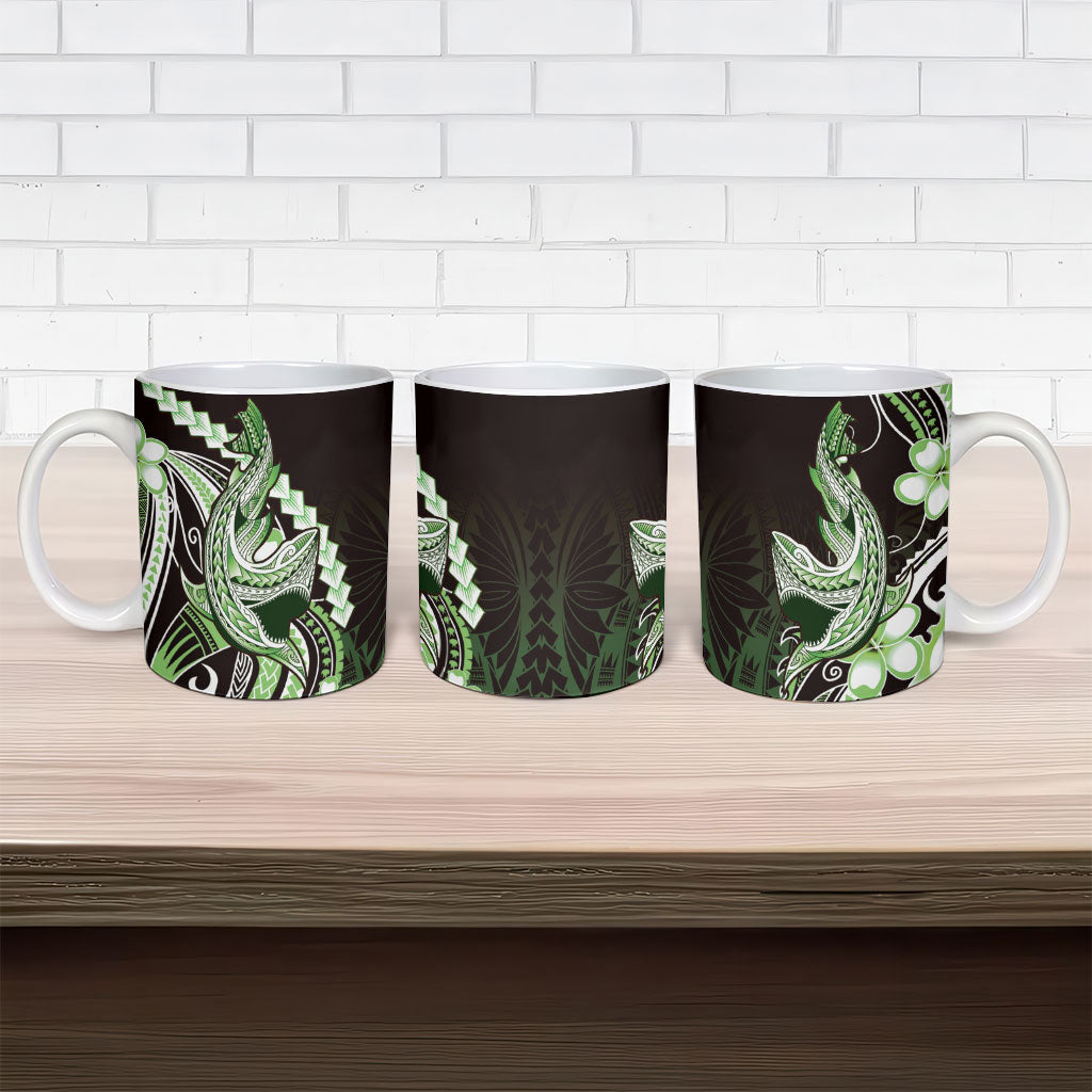 Green Black Aloha Hawaii Ceramic Mug Polynesian Shark Tattoo Plumeria