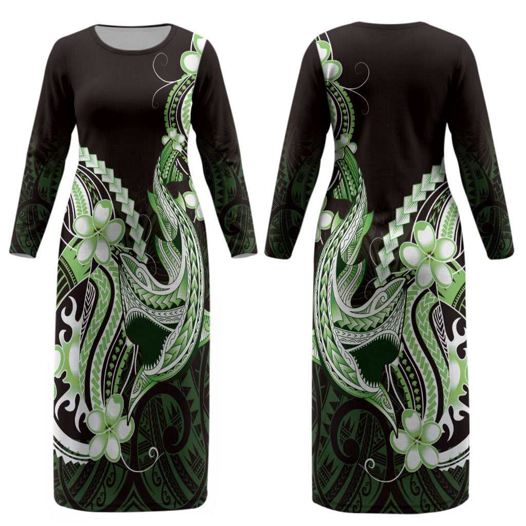 Green Black Aloha Hawaii Couples Matching Long Sleeve Bodycon Dress and Long Sleeve Button Shirt Polynesian Shark Tattoo Plumeria LT14 - Polynesian Pride