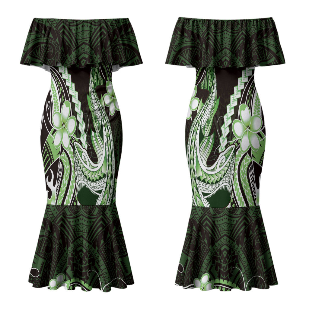 Green Black Aloha Hawaii Couples Matching Mermaid Dress and Hawaiian Shirt Polynesian Shark Tattoo Plumeria LT14 - Polynesian Pride
