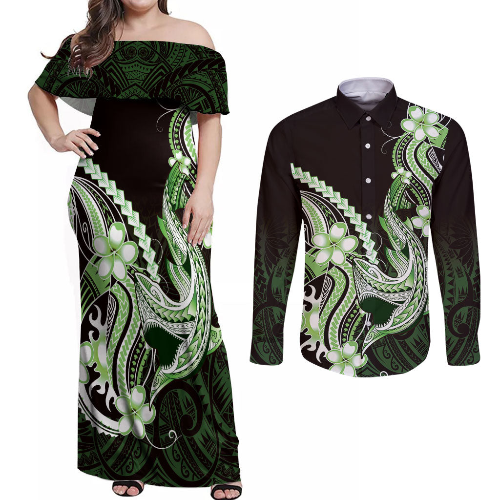 Green Black Aloha Hawaii Couples Matching Off Shoulder Maxi Dress and Long Sleeve Button Shirt Polynesian Shark Tattoo Plumeria LT14 Green - Polynesian Pride