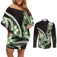 Green Black Aloha Hawaii Couples Matching Off Shoulder Short Dress and Long Sleeve Button Shirt Polynesian Shark Tattoo Plumeria