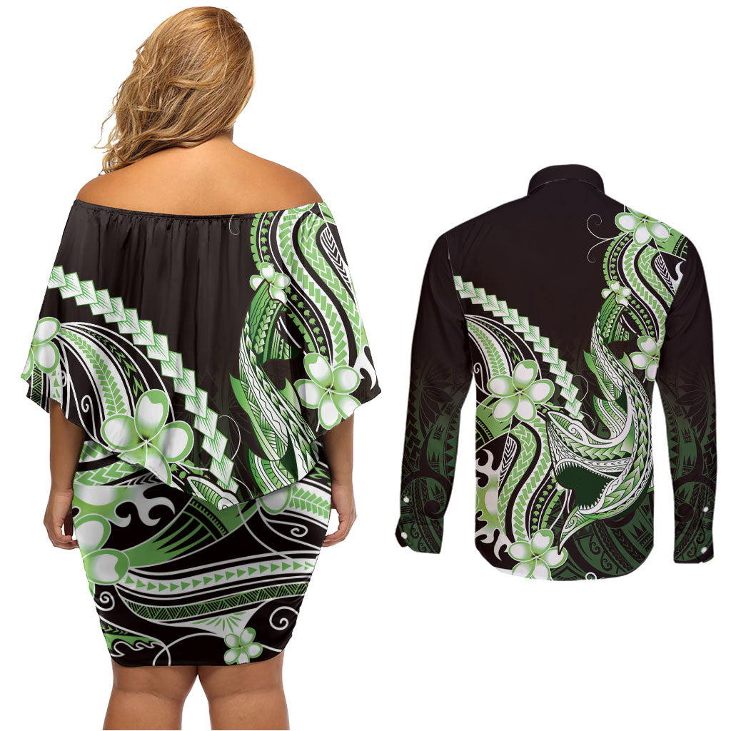 Green Black Aloha Hawaii Couples Matching Off Shoulder Short Dress and Long Sleeve Button Shirt Polynesian Shark Tattoo Plumeria