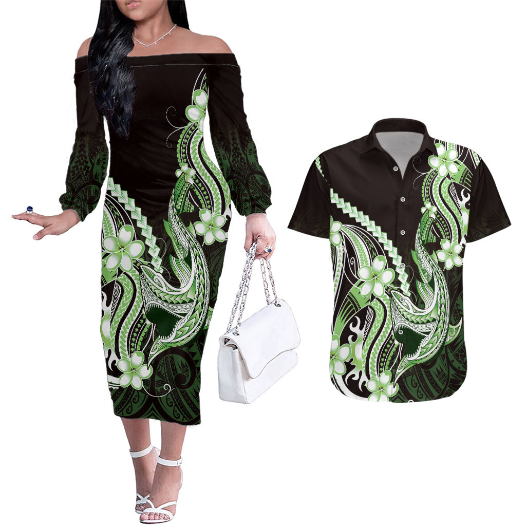 Green Black Aloha Hawaii Couples Matching Off The Shoulder Long Sleeve Dress and Hawaiian Shirt Polynesian Shark Tattoo Plumeria