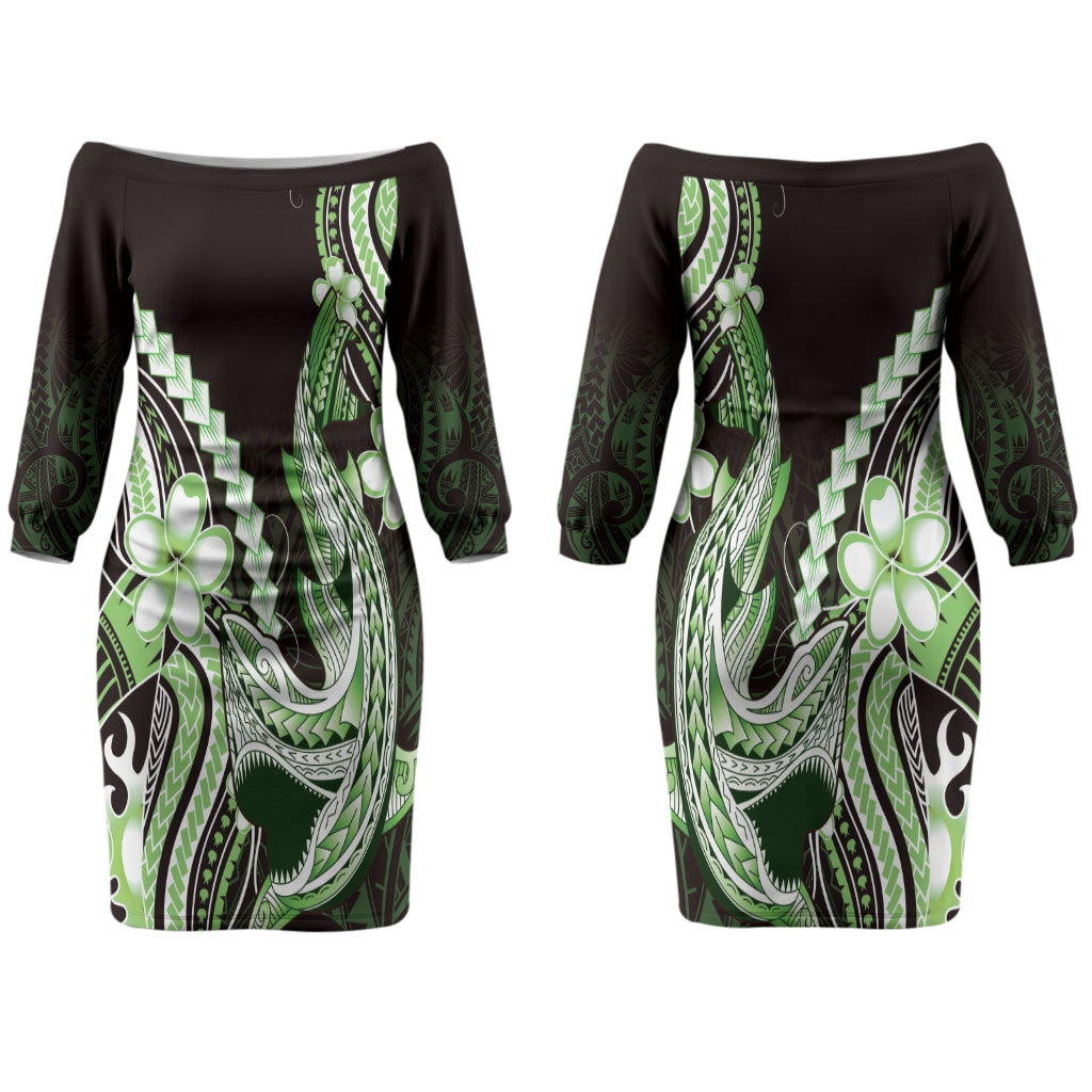 Green Black Aloha Hawaii Couples Matching Off The Shoulder Long Sleeve Dress and Hawaiian Shirt Polynesian Shark Tattoo Plumeria LT14 - Polynesian Pride